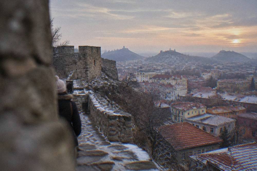 Evening view over Plovdiv rooftops and hills from Nebet Tepe
