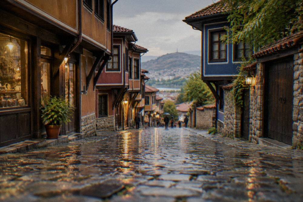 A rainy afternoon on Plovdiv Main Street with wet cobblestones reflecting shop lights