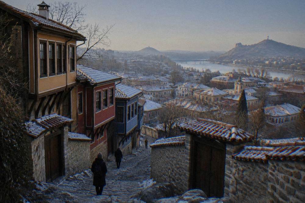 Snow-dusted rooftops of Plovdiv Old Town seen from one of the six hills in early morning light