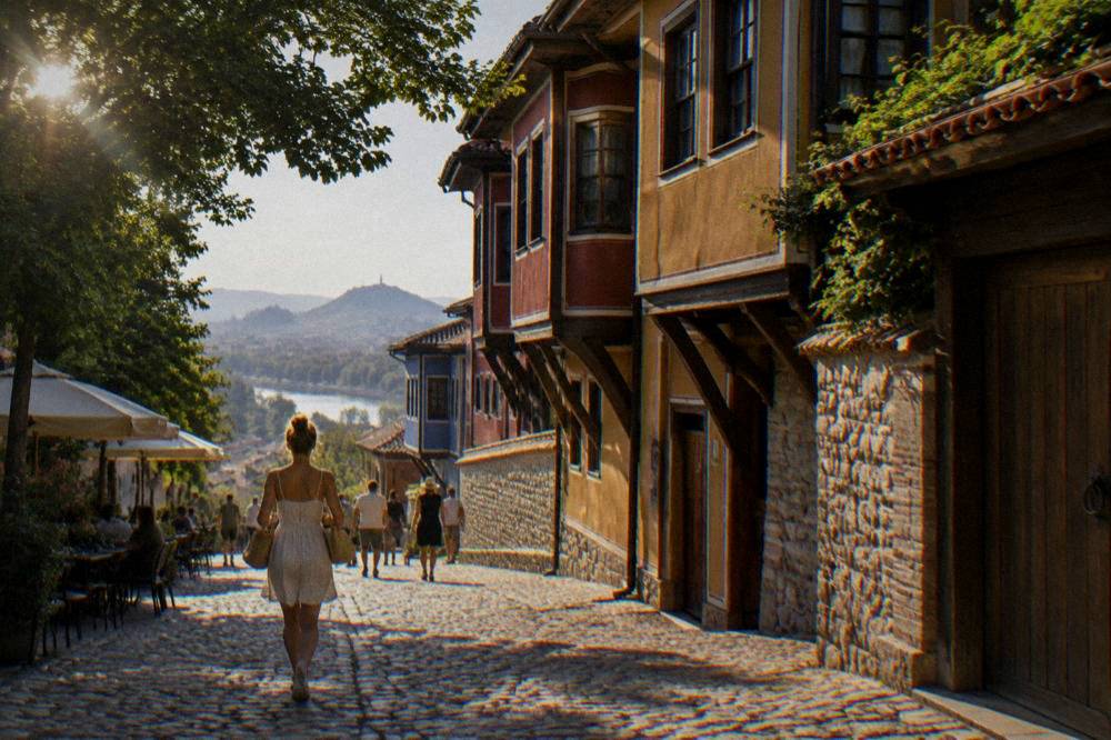 People strolling along Plovdiv Main Street in summer shade with cafe tables along the edge