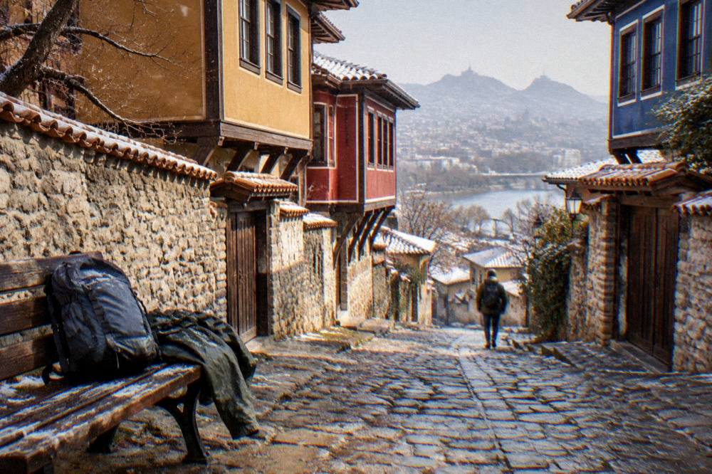 A traveller's daypack and rain jacket on a bench beside wet cobblestones in Plovdiv Old Town