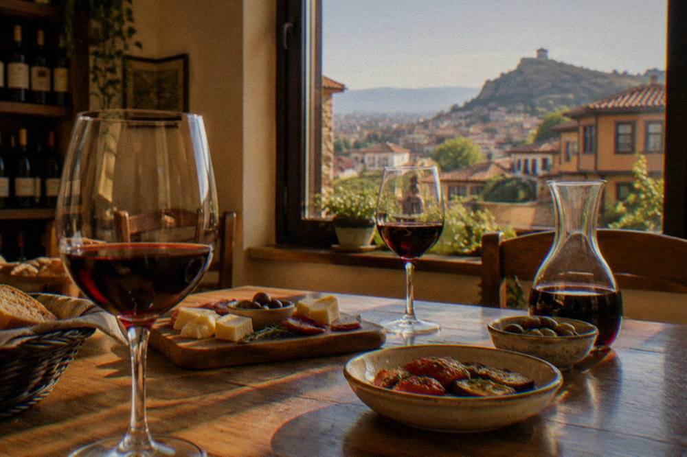 A cozy interior of a Plovdiv tasting room with wine glasses and small plates on a wooden table