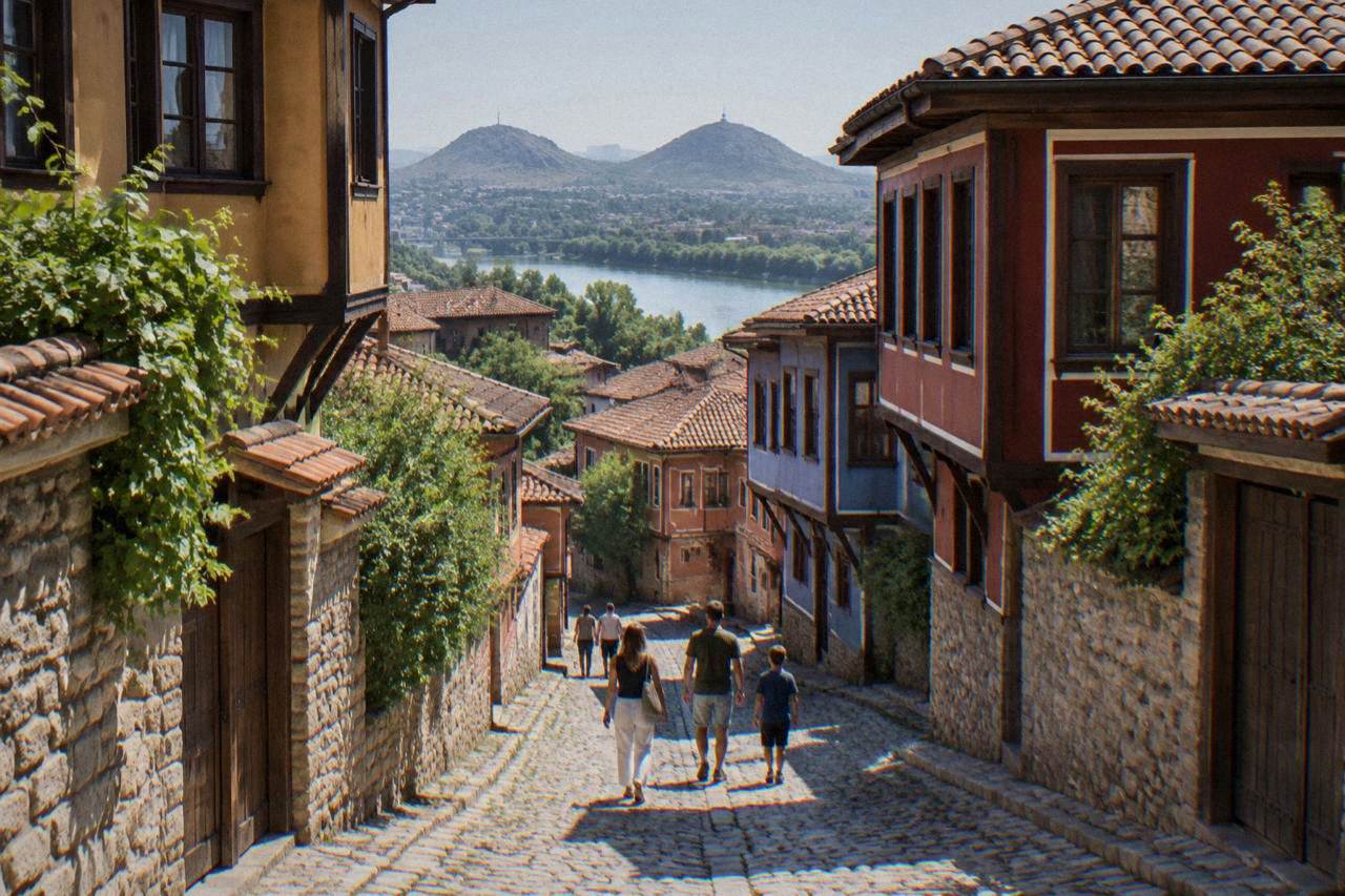Families walking up a cobbled street of colourful revival-era houses in Plovdiv Old Town