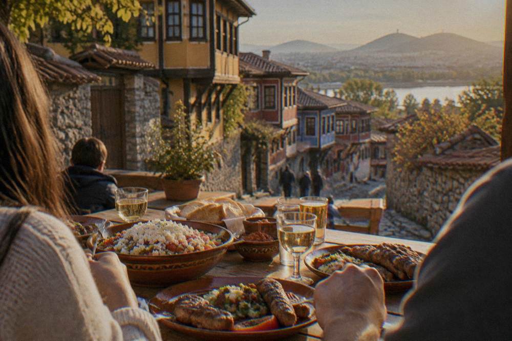 A family sharing shopska salad and grilled meat dishes at a table in a Plovdiv restaurant