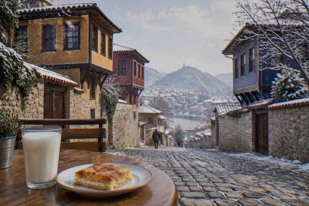 A banitsa pastry and a yogurt drink on a cafe table in Plovdiv