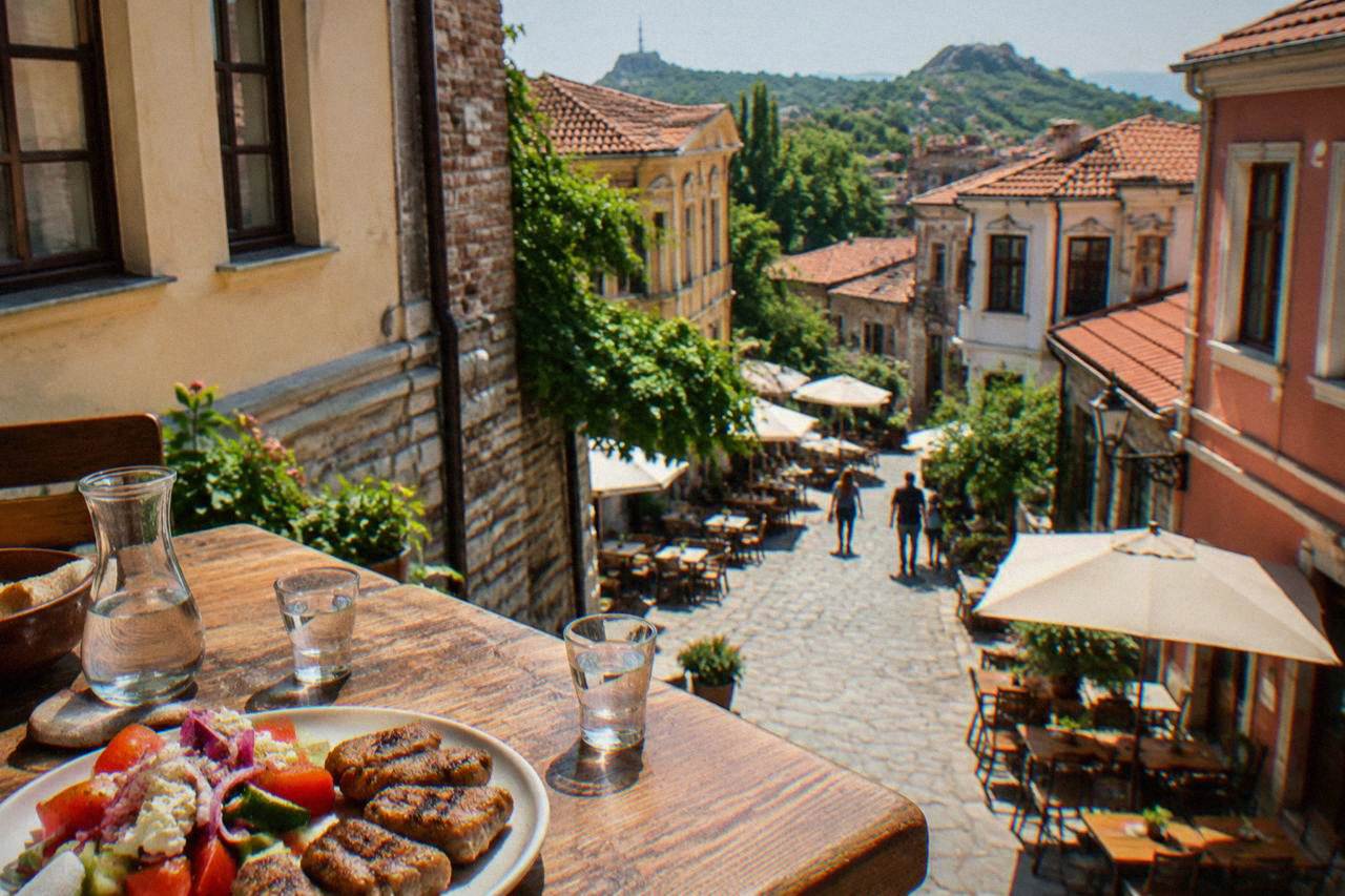 Small glasses of clear rakia on a wooden table beside a plate of salad and grilled meat