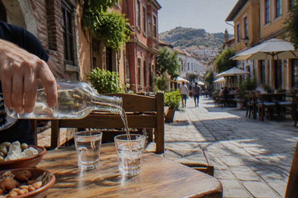 Clear homemade rakia being poured from a glass bottle into small tumblers