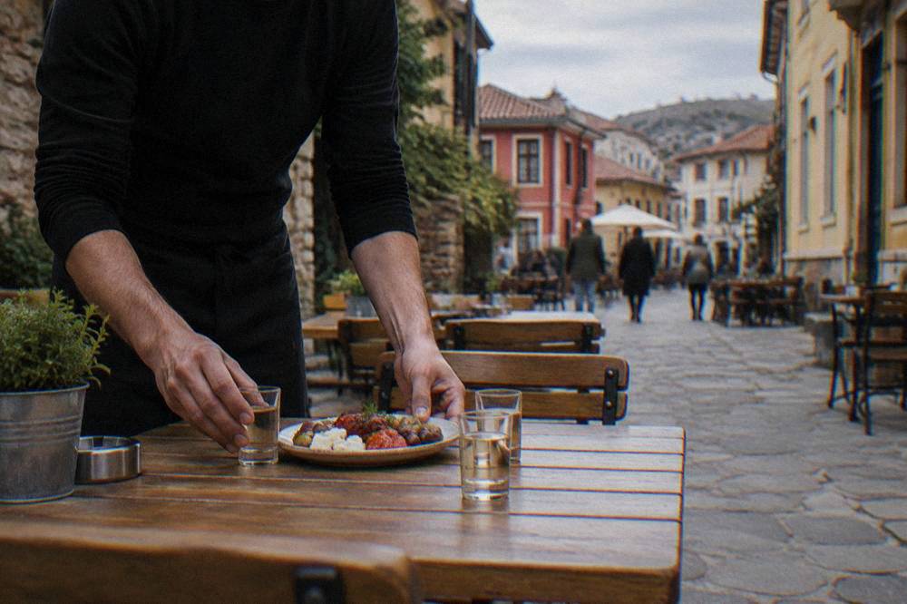 A waiter setting down small glasses of rakia and a plate of meze on an outdoor restaurant table