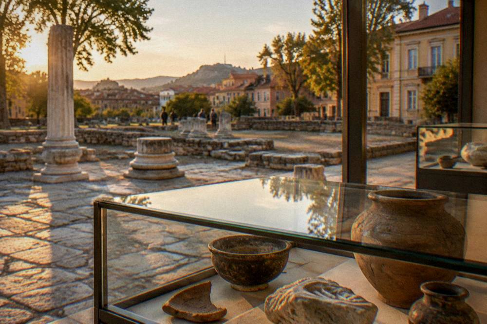 Ancient pottery and stone fragments displayed in glass cases in a museum hall