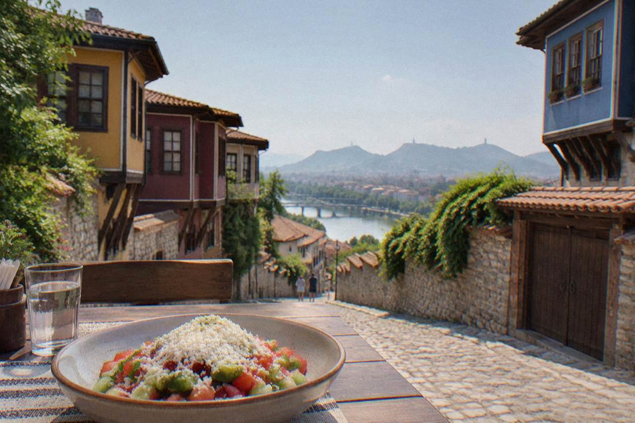 A bowl of shopska salad with diced tomatoes, cucumbers and grated white cheese on a restaurant table