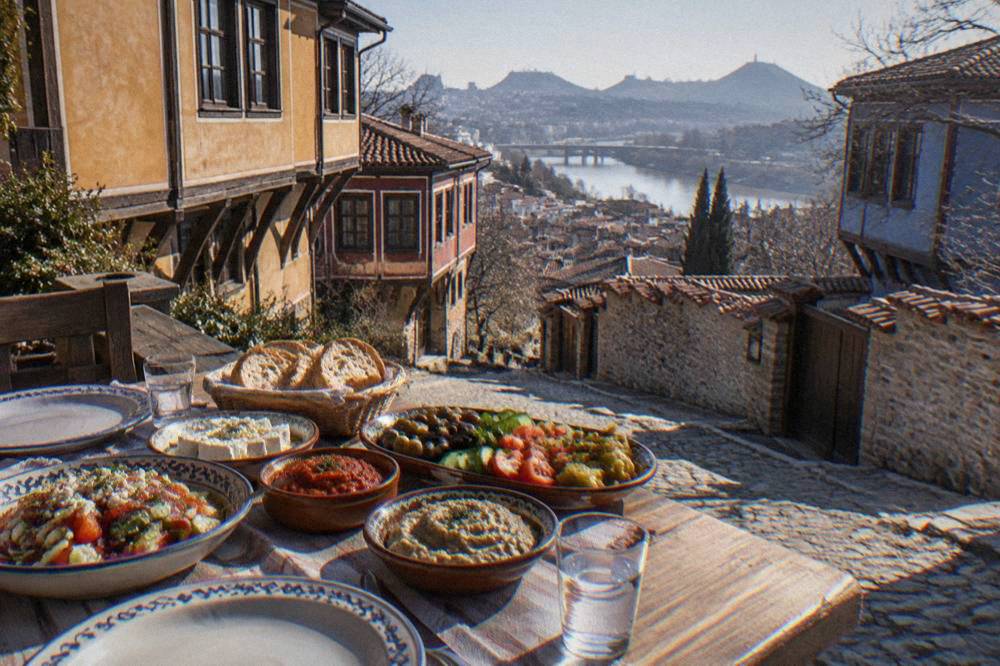 A table of Bulgarian cold starters including salads, spreads and bread