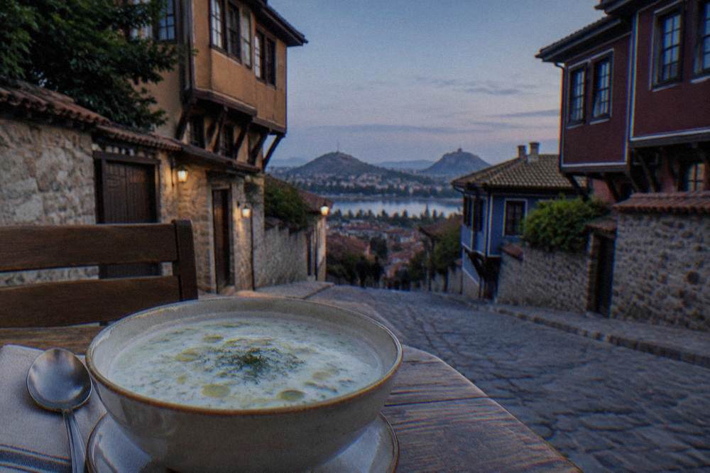 A chilled bowl of tarator soup with cucumber, dill and a drizzle of oil