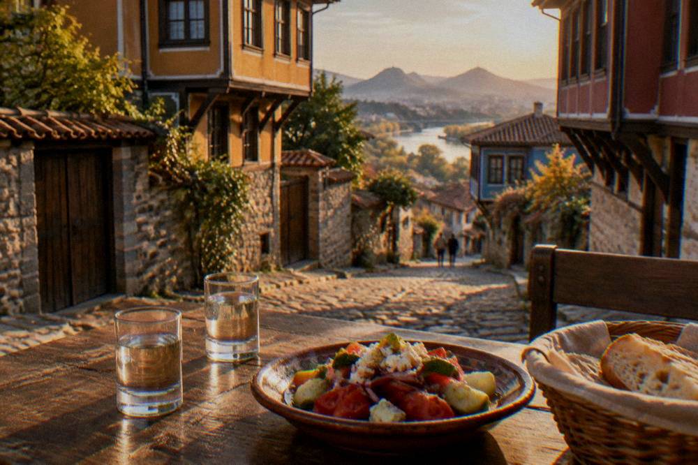 Two small glasses of rakia beside a plate of salad and bread on a wooden table