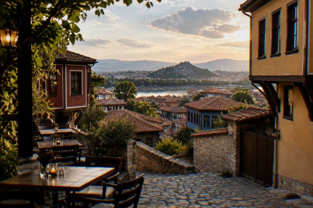 Evening view over Plovdiv rooftops with tables set outside a restaurant