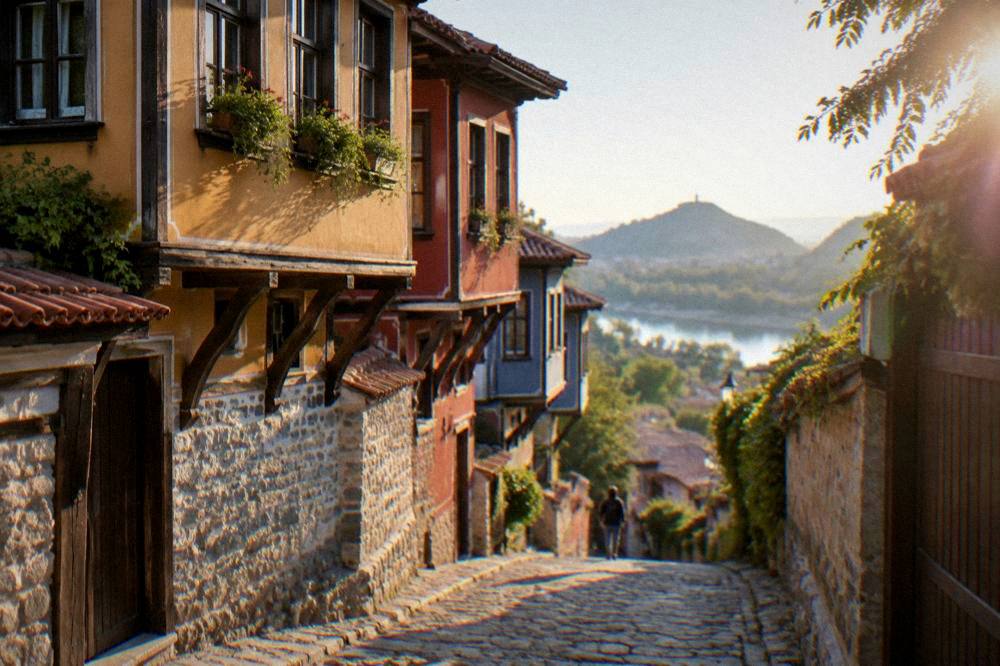 Colourful restored houses on a cobbled street in Plovdiv Old Town
