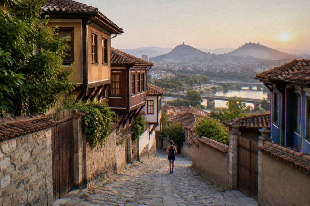 The illuminated buildings and hills of Plovdiv seen at dusk from a rooftop terrace