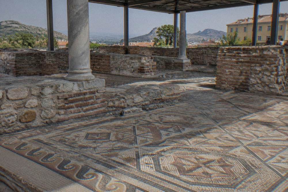 Ancient floor mosaics inside the Bishop's Basilica of Philippopolis