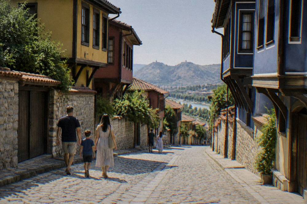 Family walking along the pedestrian Main Street in Plovdiv