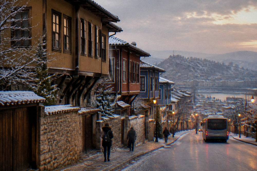 Red tram-free boulevard and city buses along a Plovdiv street at dusk