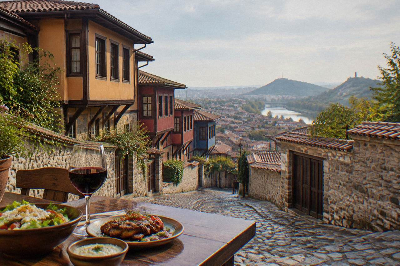 A table with bowls of salad, grilled meat and a glass of red wine on a Plovdiv terrace