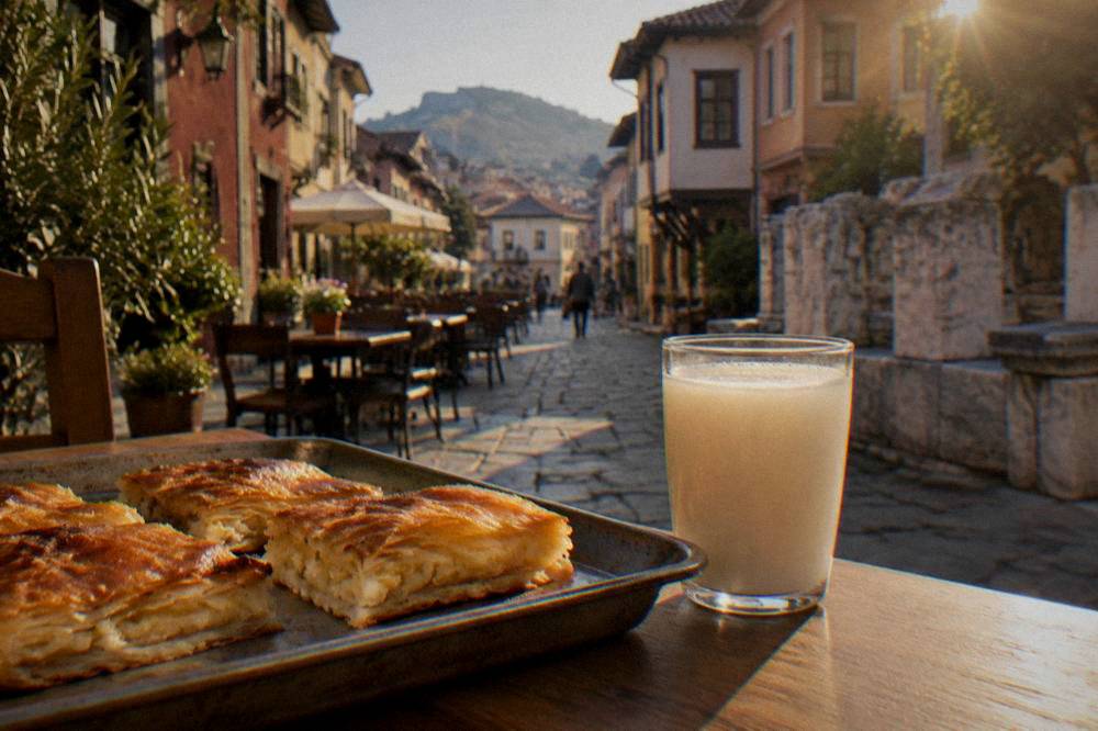 Slices of banitsa pastry on a bakery tray with a glass of boza