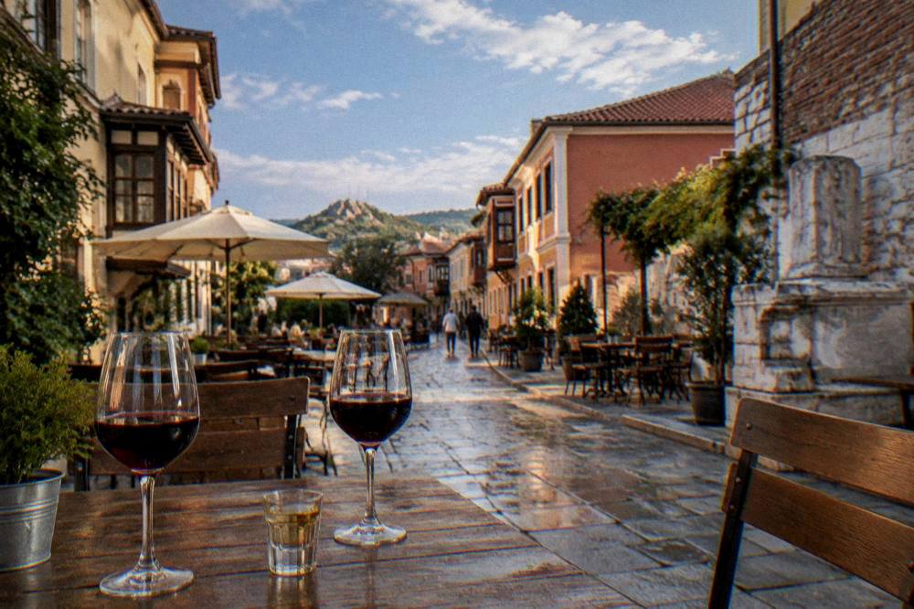 A small glass of rakia and two glasses of red wine on a wooden table