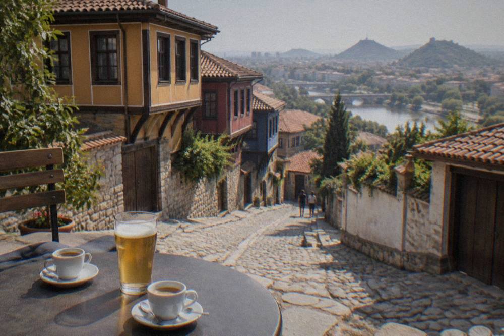 Two espresso cups and a glass of beer on a small cafe table in Plovdiv
