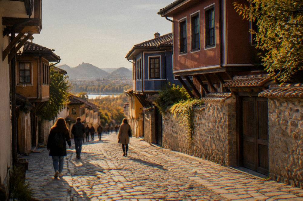 Pedestrians walking along the pedestrian Main Street in central Plovdiv