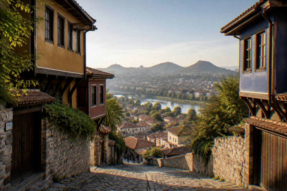View over red rooftops of Plovdiv from a green hilltop park