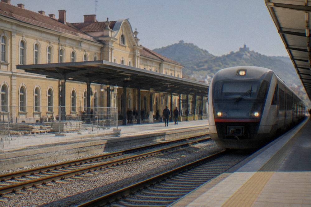 A train arriving at the platforms of Plovdiv central railway station