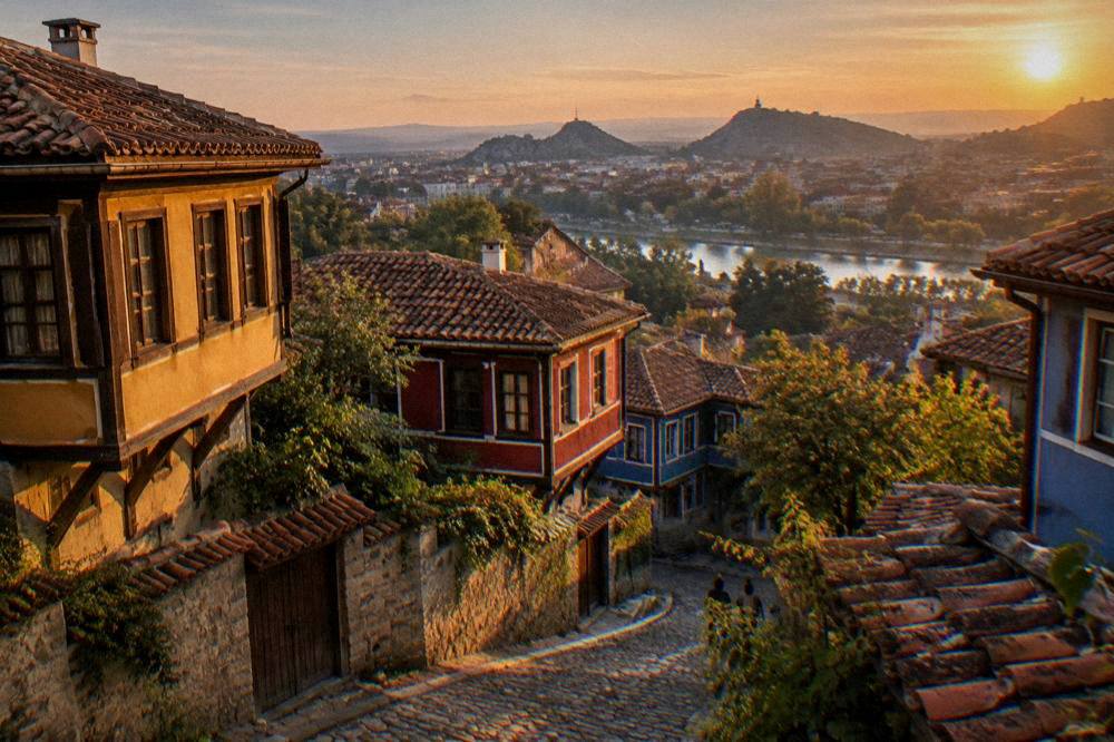 Rooftop terrace view over Plovdiv Old Town at sunset with hills behind