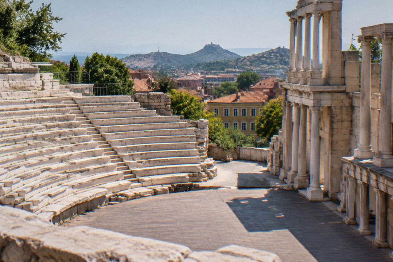 The Ancient Theatre of Philippopolis in Plovdiv with its marble rows of seats seen from the stage