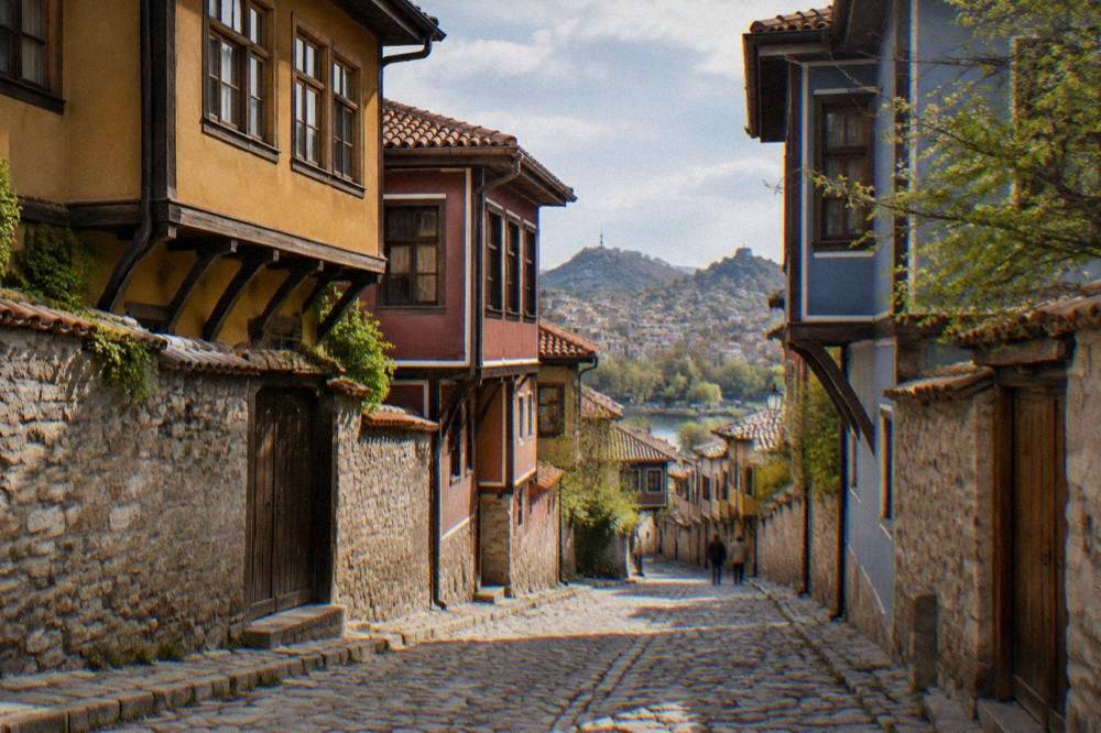 Cobbled Old Town street in Plovdiv lined with colourful revival-era houses