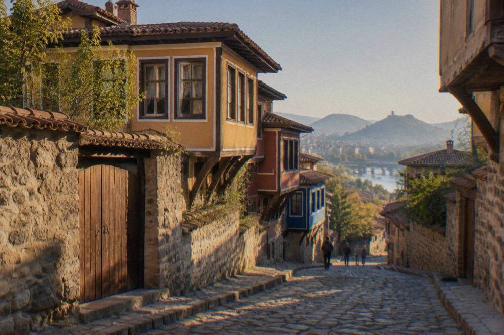 Cobbled street in Plovdiv's old town with colourful revival-era houses