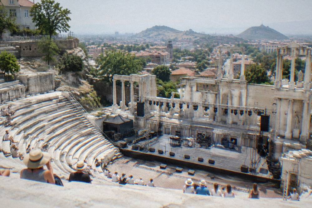 Open-air stage of an ancient theatre prepared for a summer evening concert