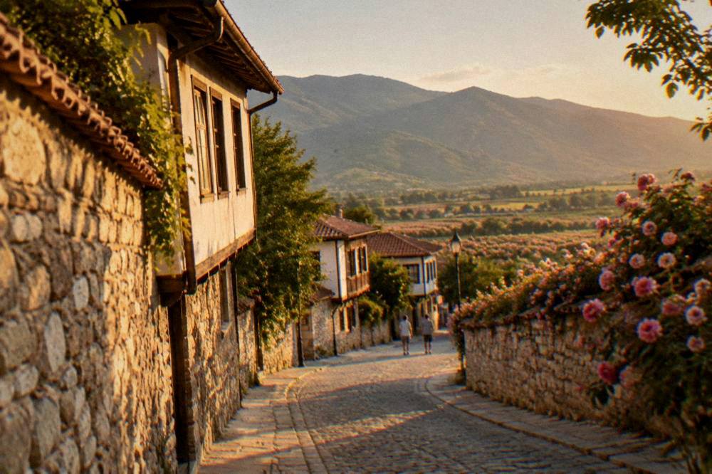 Historic Bulgarian town street with stone walls and traditional houses