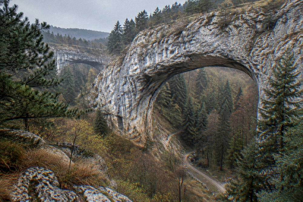 The stone arch of the Wonderful Bridges rock formation in a forested Rhodope valley