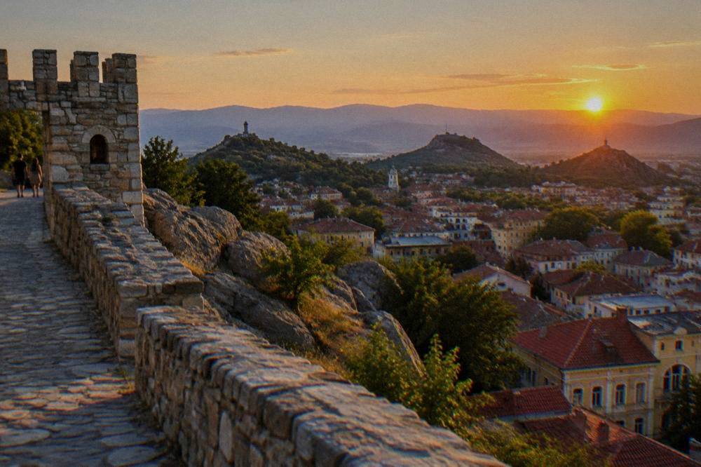 Sunset over Plovdiv's six hills from Nebet Tepe with the Rhodope Mountains on the horizon
