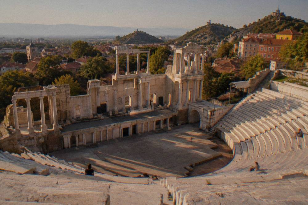 Marble seating rows of the Ancient Theatre of Philippopolis seen from the stage