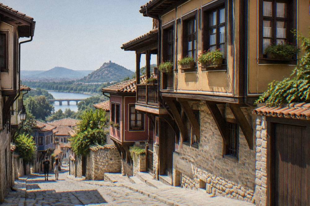 Facade of a nineteenth-century Revival house in Plovdiv Old Town with wooden balconies