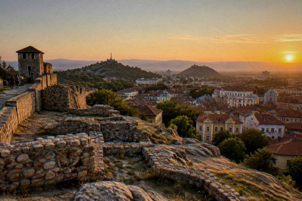 Stone foundations on Nebet Tepe hill overlooking Plovdiv at golden hour