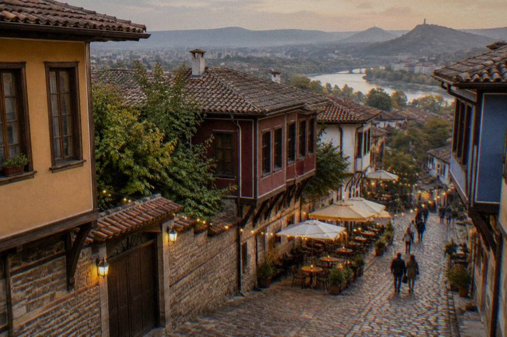 Evening tables and string lights in a pedestrian street of Plovdiv city centre