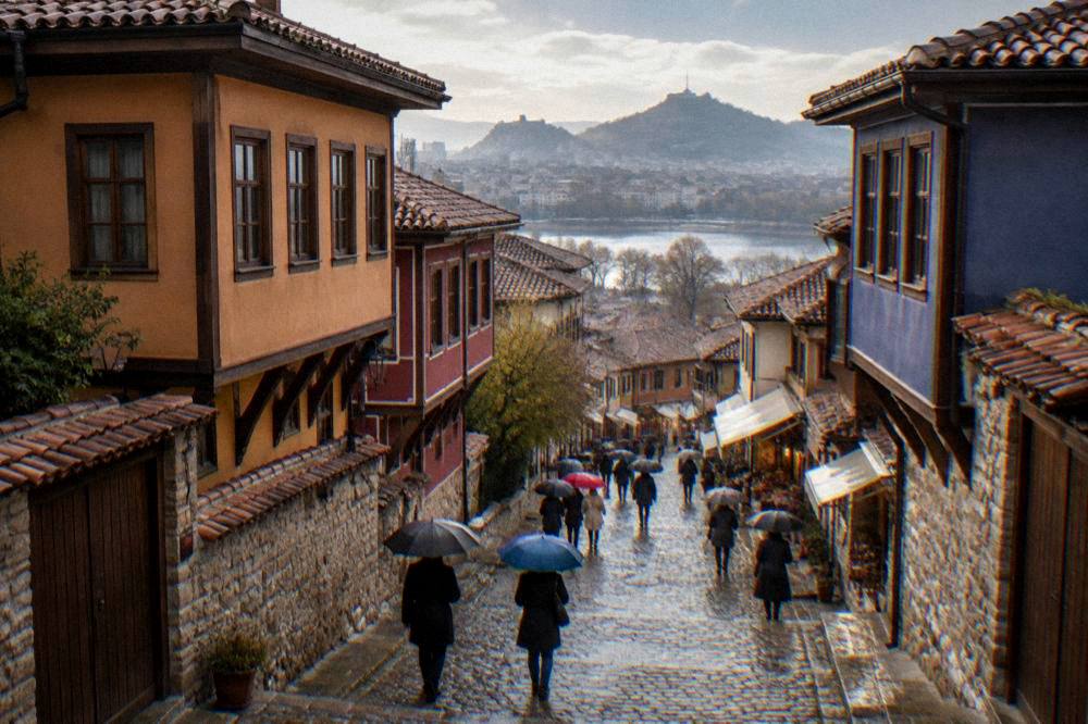 Visitors with umbrellas walking the pedestrian Main Street of Plovdiv past shop fronts in rain