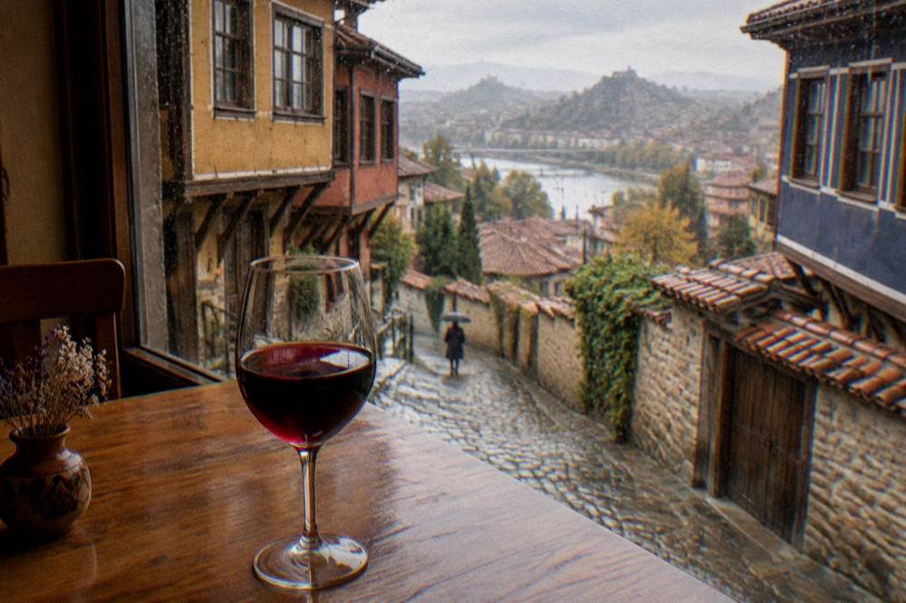 A glass of red Thracian Valley wine on a wooden table in a warm Plovdiv tasting room, rain on the window behind