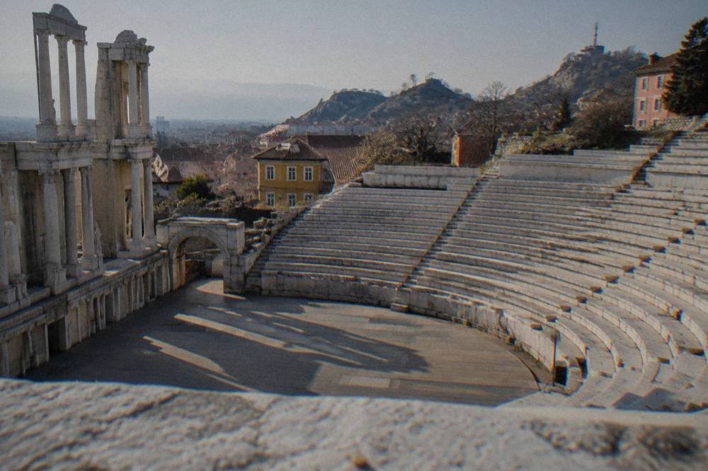 The stone seating rows of the Ancient Theatre of Philippopolis seen from the stage
