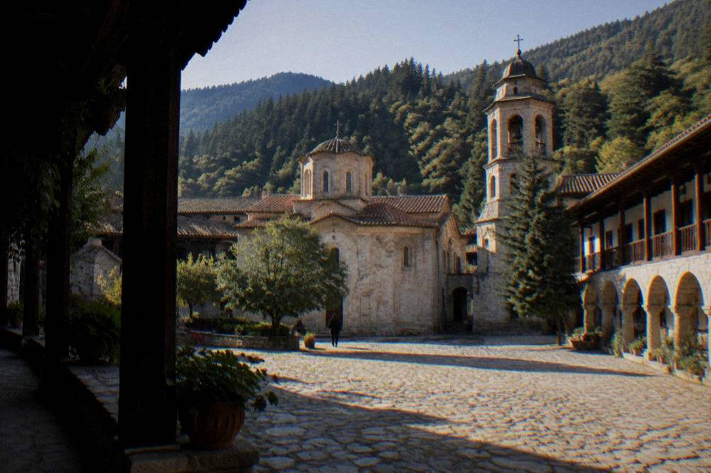 The stone walls and courtyard of Bachkovo Monastery in the Rhodope foothills
