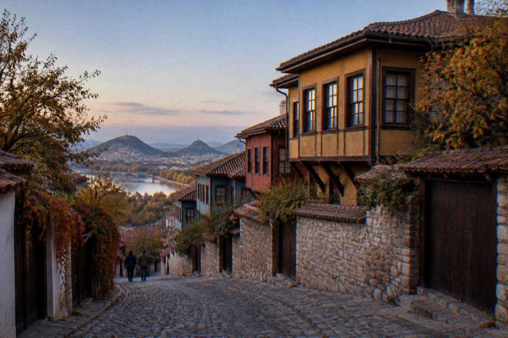 Autumn light on the cobbled lanes and house facades of the Plovdiv Old Town