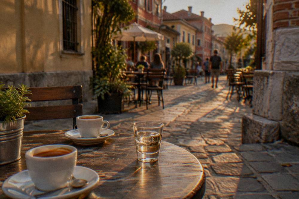 A table with espresso cups and a small glass of rakia on a Kapana street