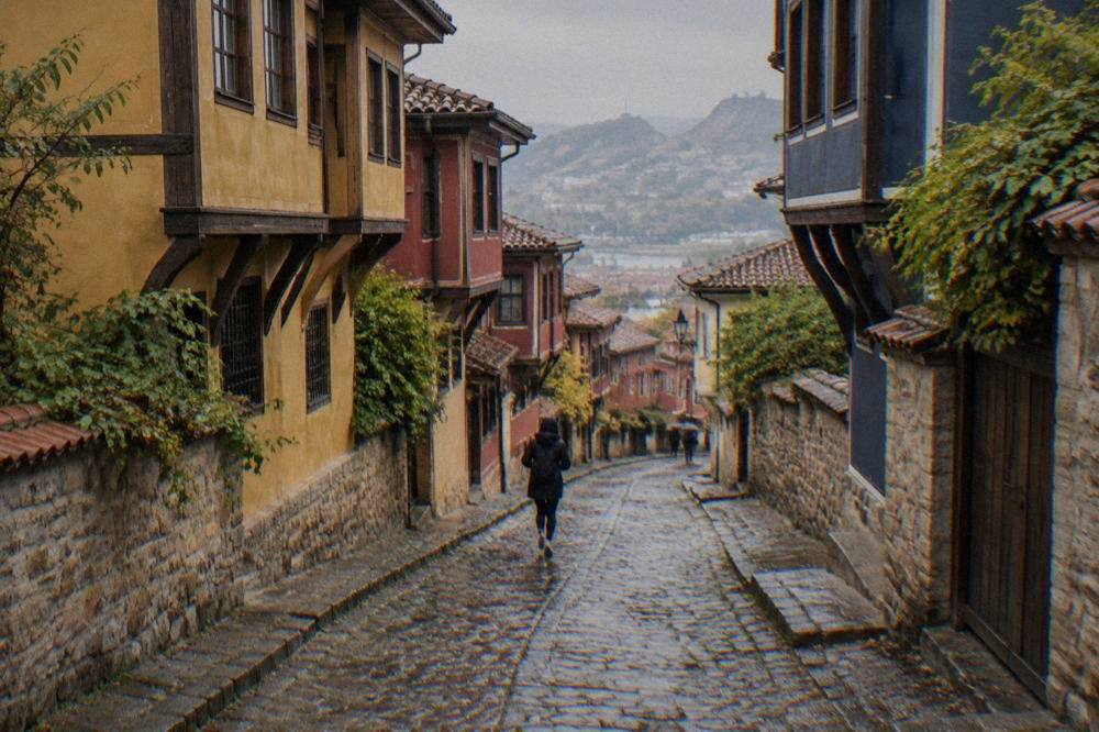 Cobbled street in Plovdiv Old Town lined with colourfully painted National Revival houses