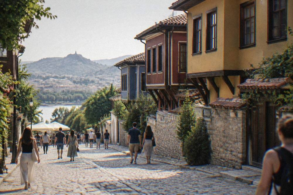 People strolling along the wide pedestrian Main Street of Plovdiv on a warm evening